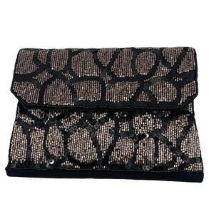 Animal Print Beaded Clutch | Black & Silver Handcrafted Artisan Evening Bag